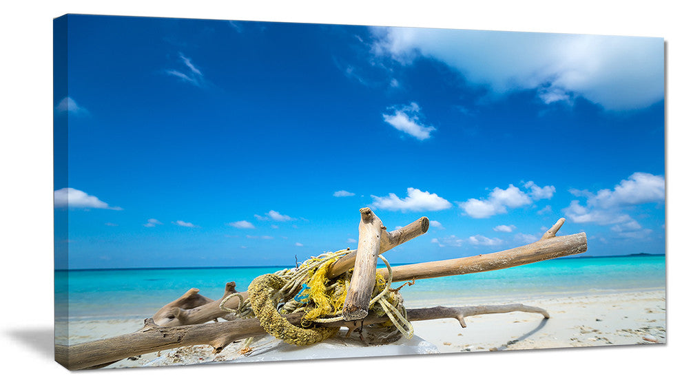 "Deadwood on White Sand Beach" Contemporary Seascape Wall Art, 1 Panel, 60"x28"