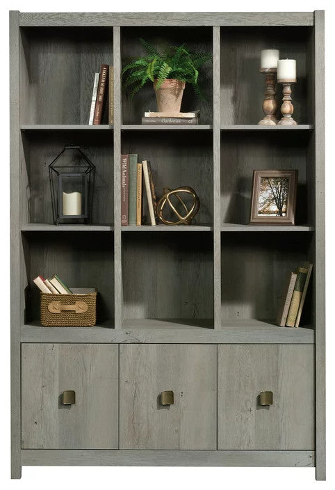 Modern Bookcase, Adjustable Shelves & Lower Cabinet With Pull Handles, Gray Oak