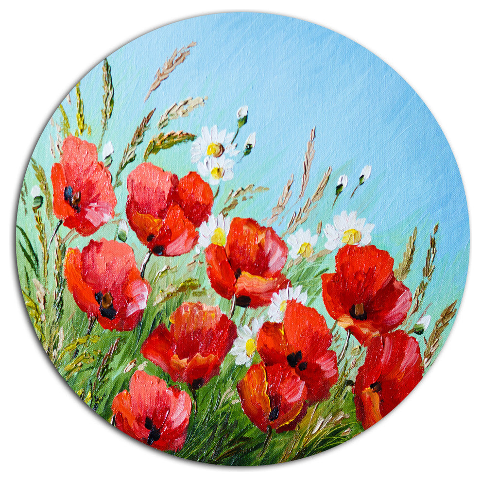 Poppies In Field Against Blue Sky, Modern Floral Round Wall Art, 23"