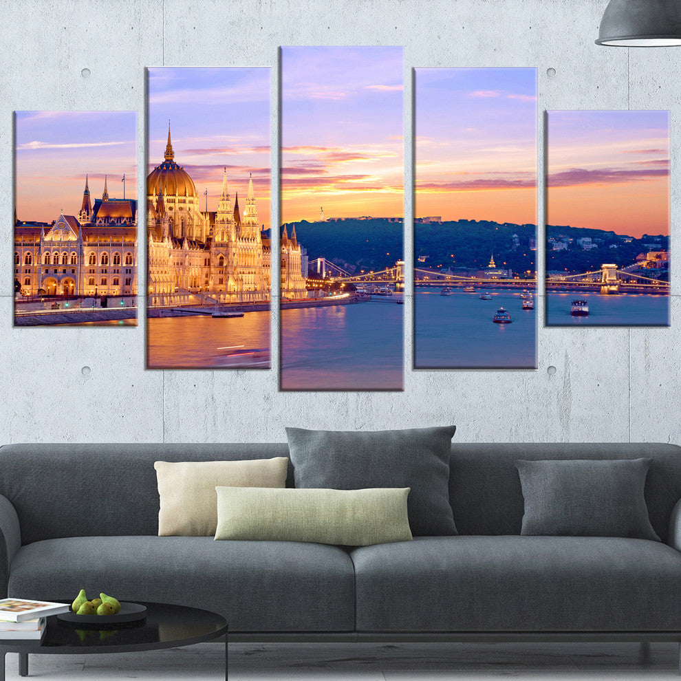 "Parliament and Bridge Over Danube" Cityscape Canvas Print60"x32", 5-Panels