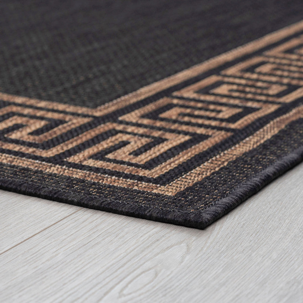 Giovanna Transitional Greek Key Black/Gold Indoor/Outdoor Area Rug, 9'x12'