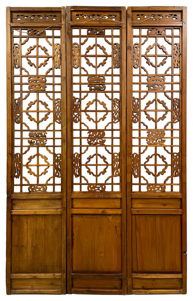 Consigned Antique Chinese Handcraft 3 Panels Wooden Screen/Room Divider