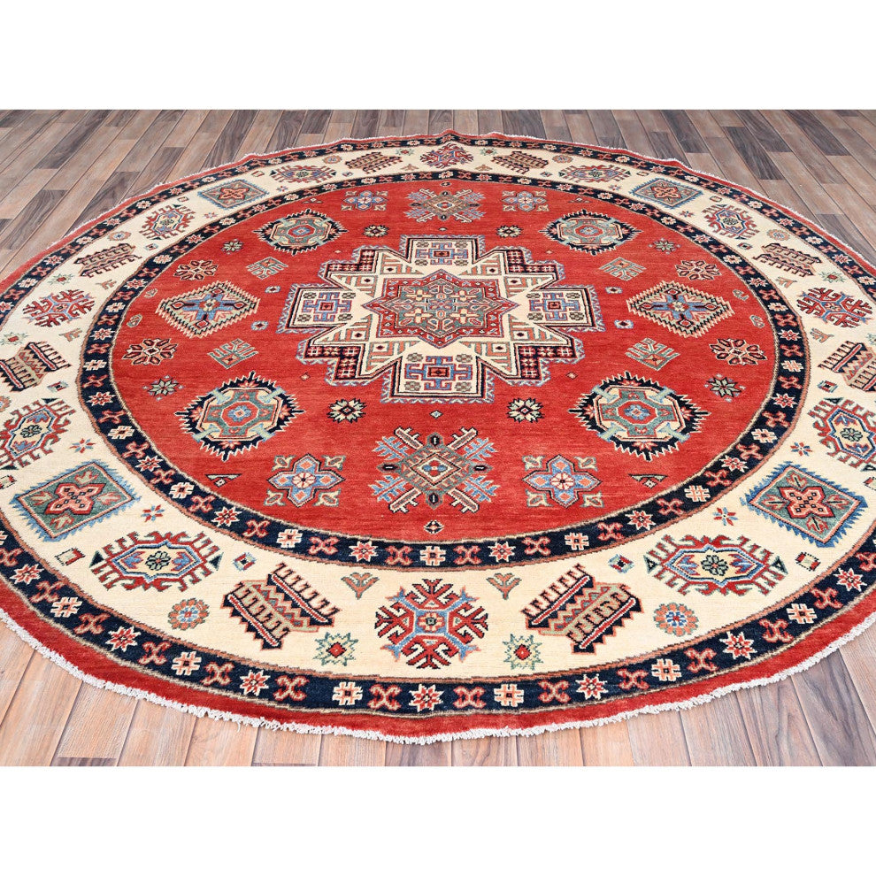 Red, Special Kazak, Pure Wool, Hand Knotted, Round Oriental Rug, 8'x7'9"