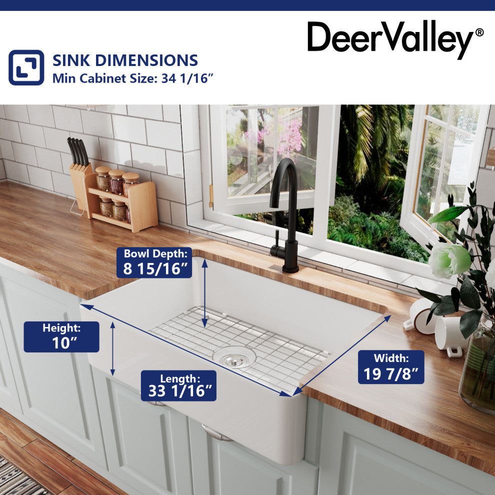 33'' Farm Kitchen Sink Ceramic Rectangular Single Bowl With Grid and Strainer