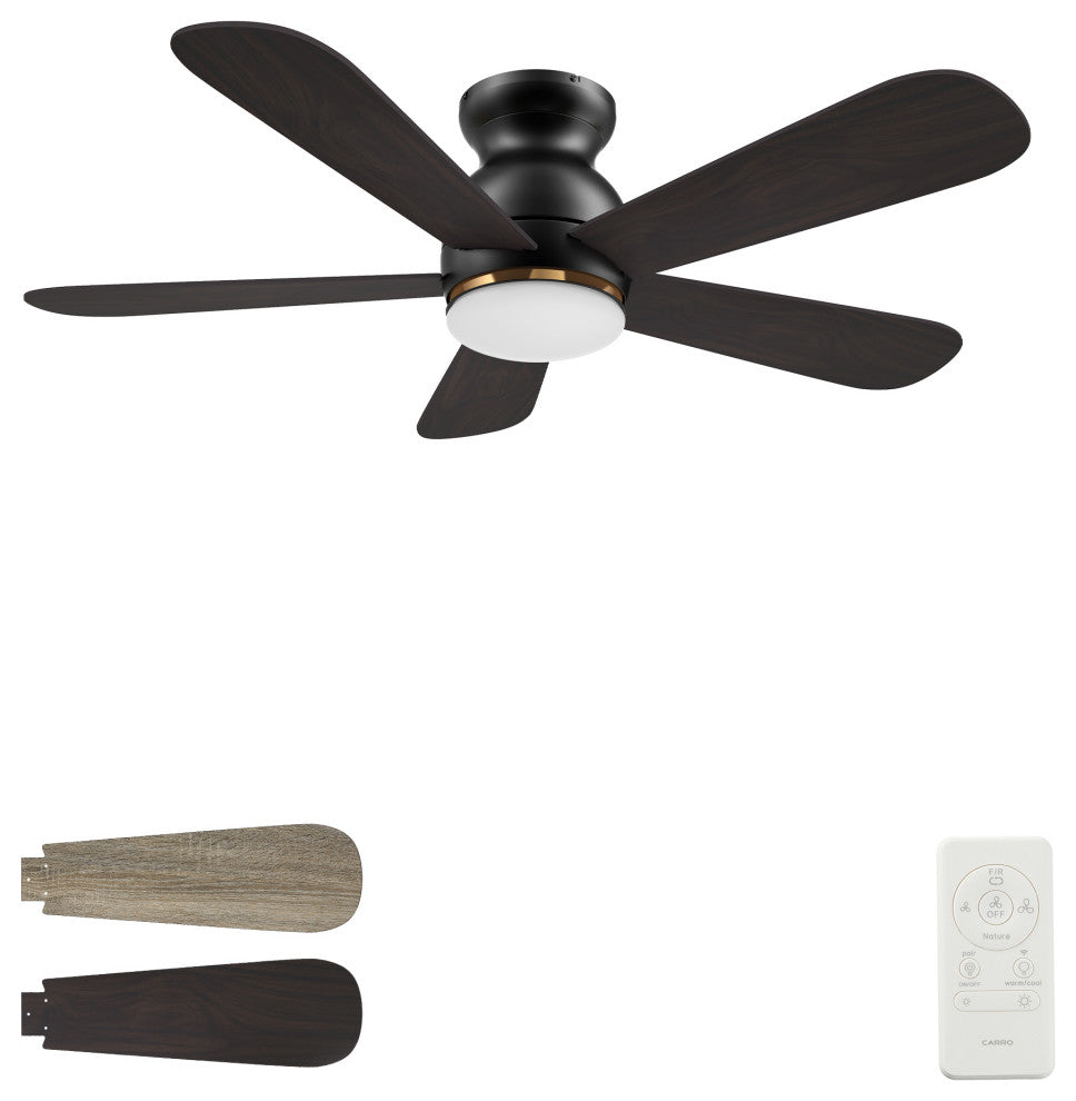 CARRO 48inch Low Profile Flush Ceiling Fan with Remote and Dimmable LED Light, Black
