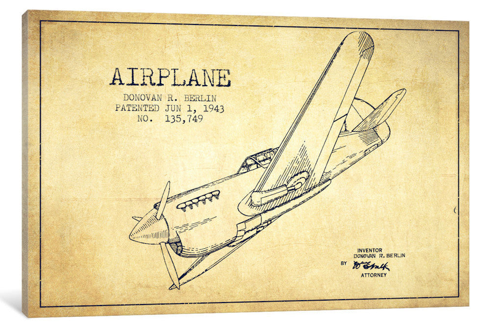 "Plane Vintage Patent Blueprint" by Aged Pixel, 40x26x1.5