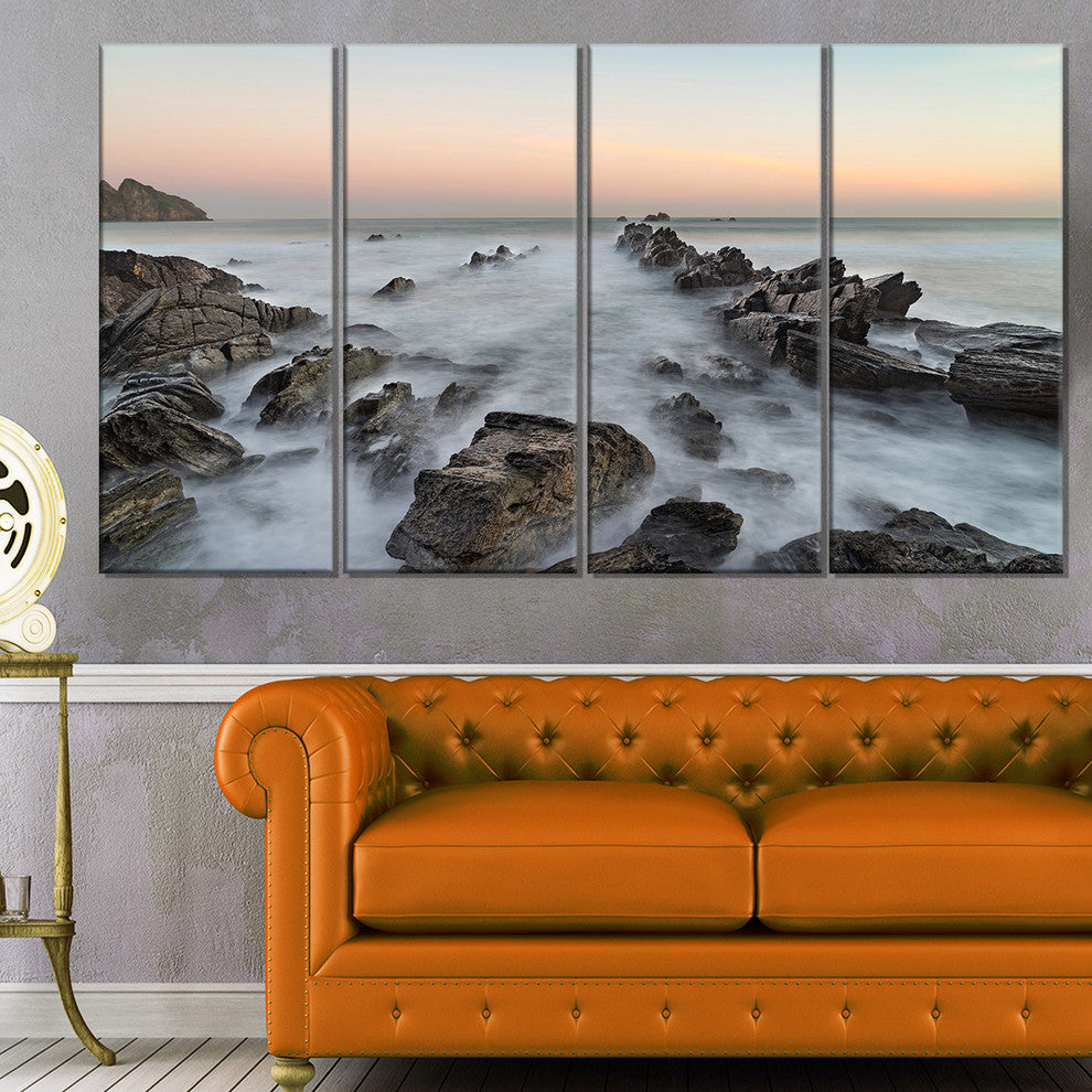 "Rocky Beach With White Waters" Modern Seashore Canvas Art, 4 Panels, 48"x28"
