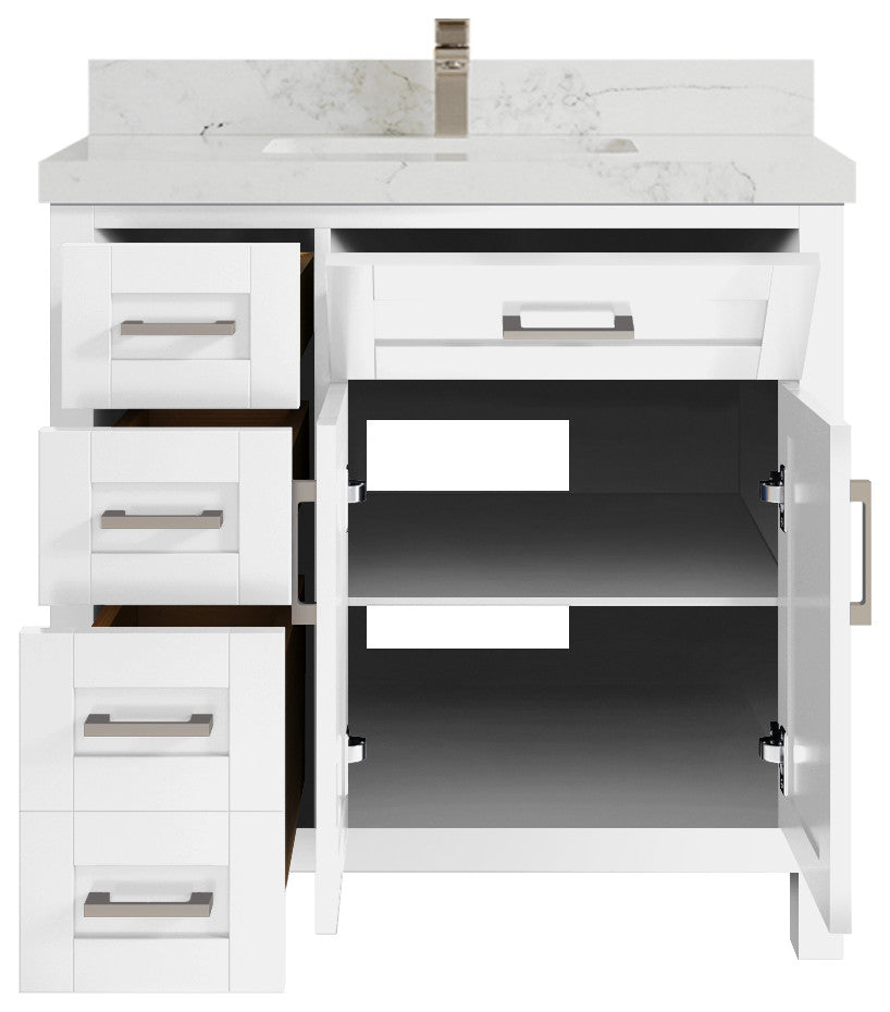 Cambridge 36 Center Sink Bath Vanity in White 2" Calacatta Nuvo
