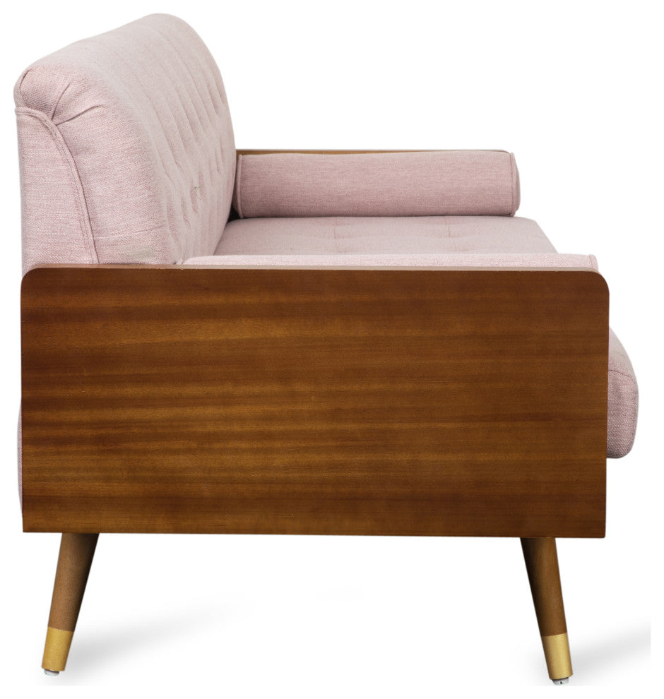 GDF Studio Aidan Mid Century Modern Tufted Fabric Sofa, Light Blush/Dark Walnut