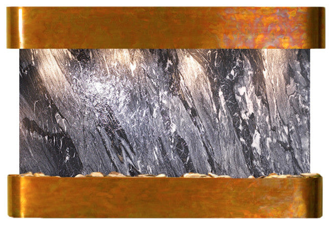 Sunrise Springs water fountain, Black Spider Marble, Rustic Copper, Round