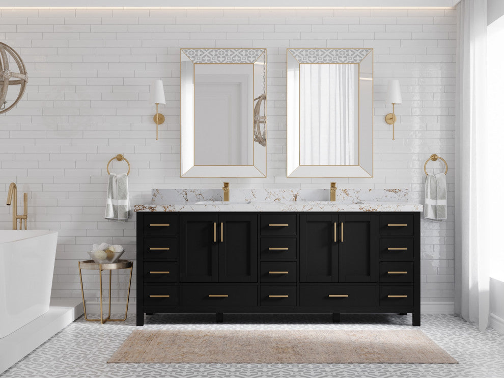 Malibu 84" Double Sink Bath Vanity in Black 2" Viola Gold