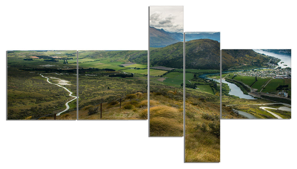 Fields and Hills in New Zealand, Landscape Photo Canvas Print, 60"x32", 5 panels