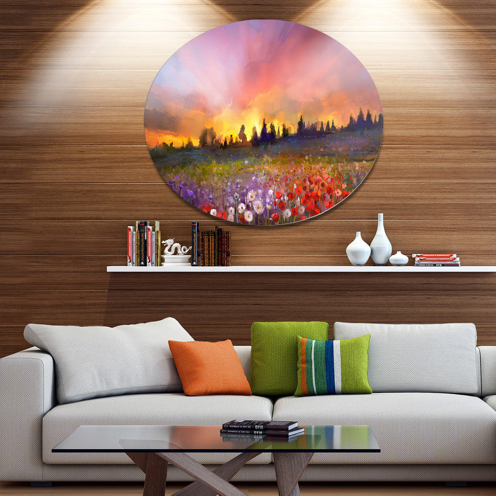 Field Of Poppy Dandelion And Daisy, Floral Round Wall Art, 11"