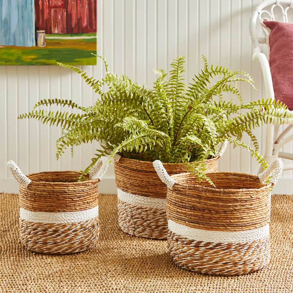 Set 3 Coastal Casual Natural Raffia Round White Stripe Tote Baskets Handle Large