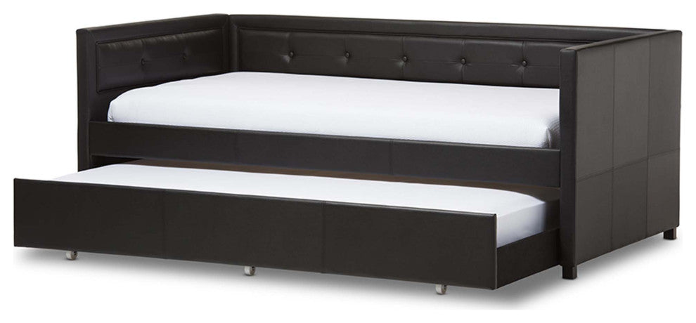 Marlee Faux Leather Button-Tufting Sofa Twin Daybed With Trundle Bed, Black