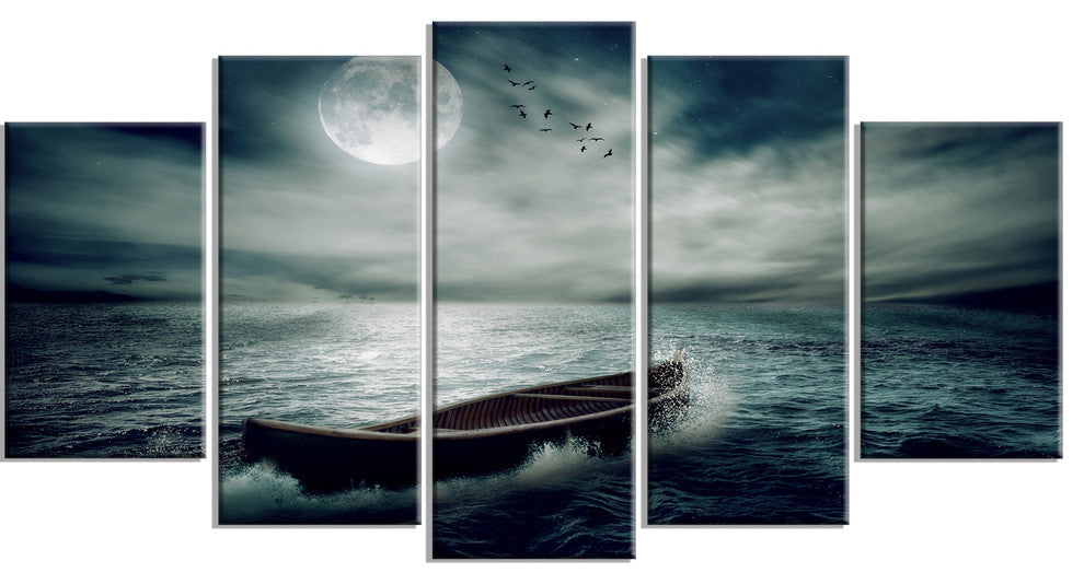 Boat Drifting Away After Storm, Large Seashore Canvas Print, 60"x32", 5 Panels
