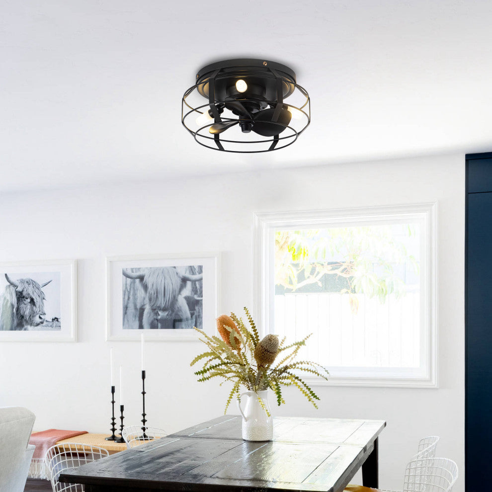12 in Black Flush Mount Caged DC Motor Ceiling Fan with Light Kit and Remote