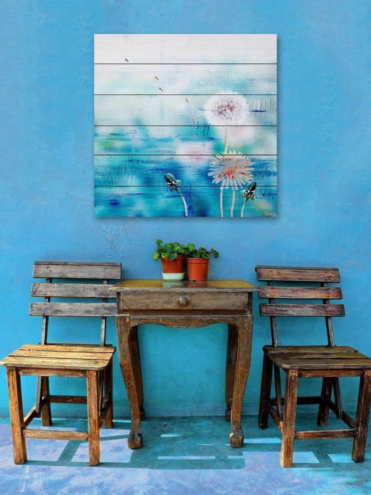 "Dandy Puffs on Bue" Painting Print on White Wood, 32"x32"
