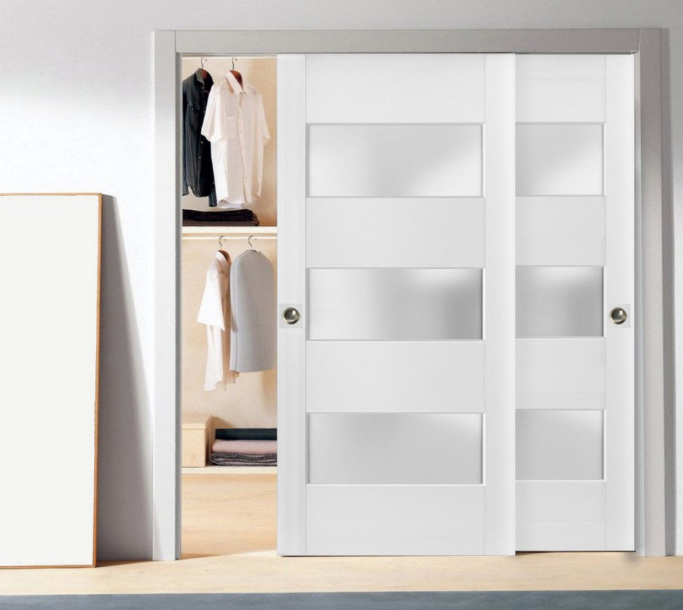Closet Frosted Glass 3 Lites Bypass Doors 48 x 80, Lucia 4070 White Silk, Kit