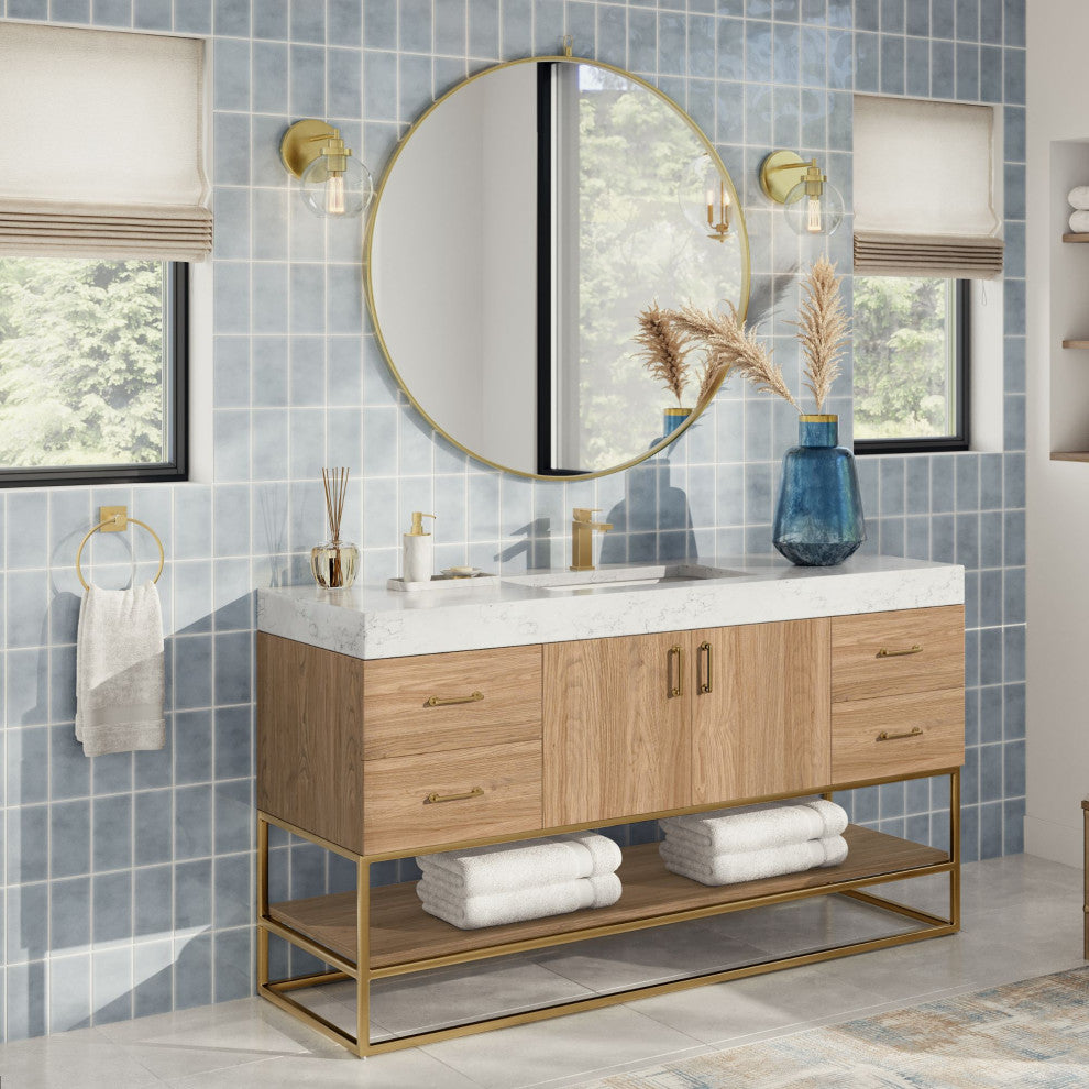 Bahia Bath Vanity, Oak, 60", Brushed Gold Hardware, Single, Freestanding