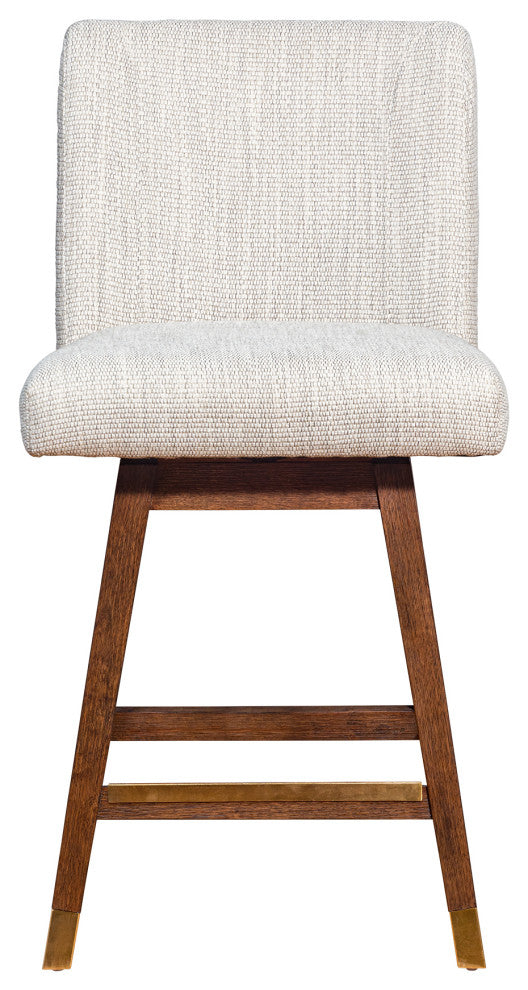 Basila Swivel Counter Stool in Brown Oak Wood Finish with Beige Fabric