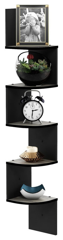 Furinno 5-Tier Wall Mount Floating Radial Corner Shelf, French Oak Gray/Black