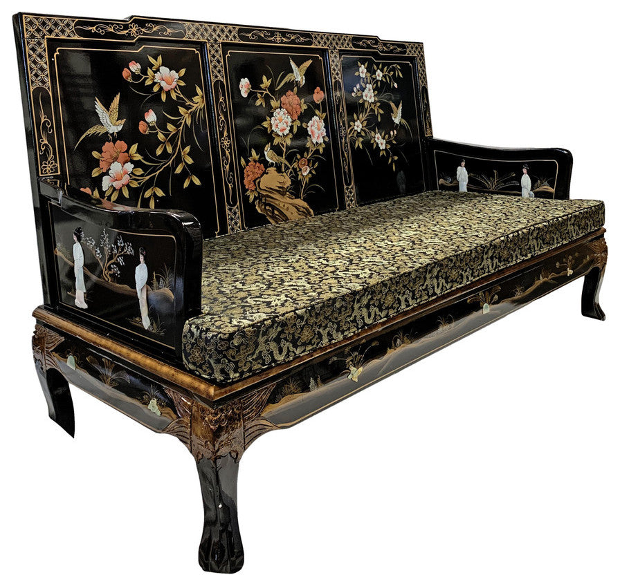 Asian Black Lacquer Dragon Leg Sofa With Silk Cushion