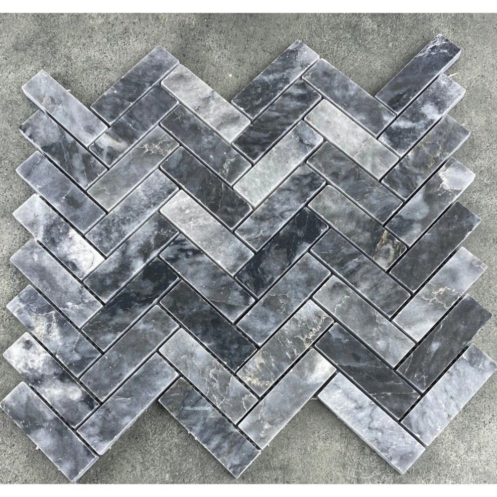 Luna Sky Marble 1"x3" Herringbone on 12" x 12" Mesh Mosaic Tile (10 sqft per box