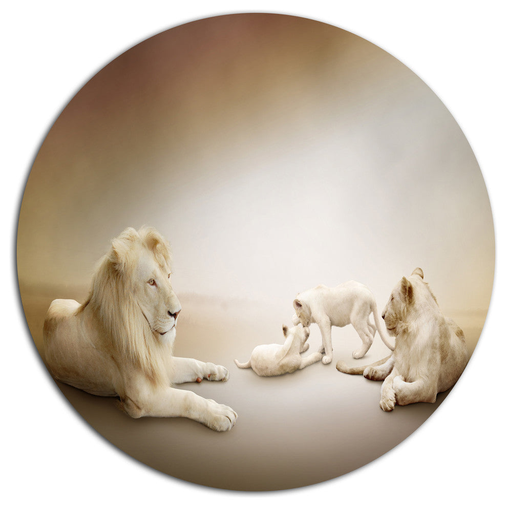 White Lion Family, Animal Large Disc Metal Wall Art, 11"