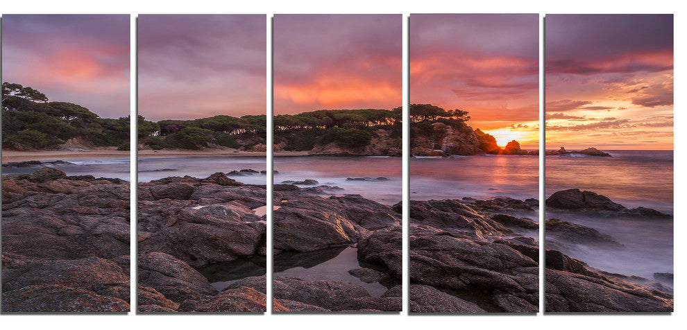 "Gloomy Seashore With Large Rocks" Seashore Canvas Wall Art, 5 Panels, 60"x28"