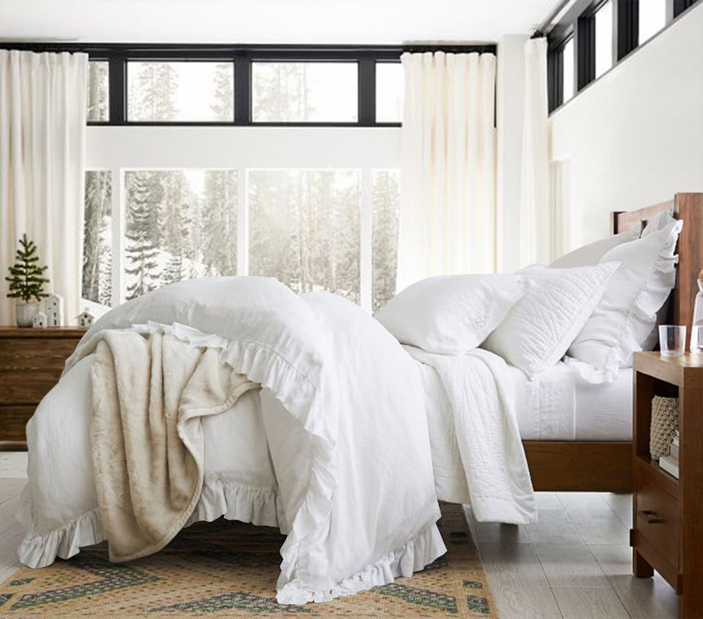 Organic Cotton 300 TC GOTS Certified 8 Internal Ties Ruffled Duvet Set, White, King(108"x92")