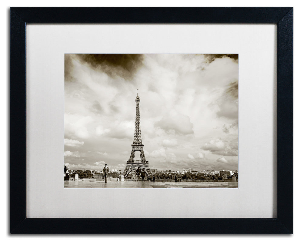 'Paris Eiffel Tower and Man' Matted Framed Canvas Art by Preston