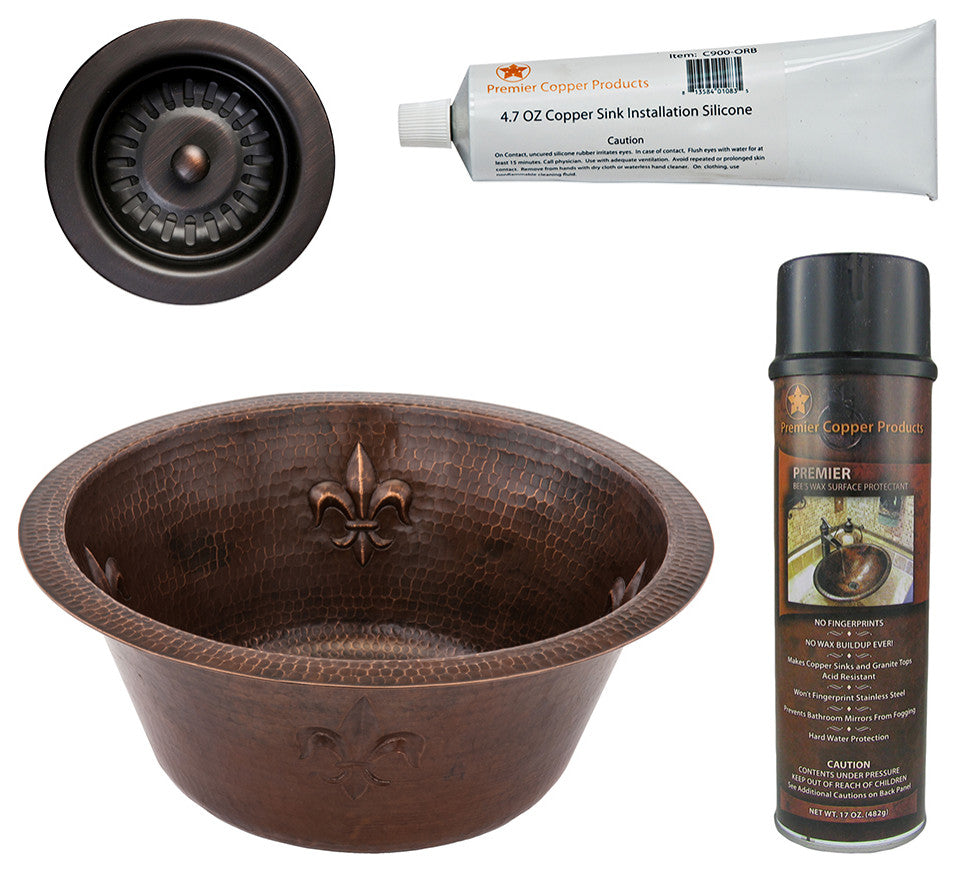 16" Round Copper Prep Sink, Fleur De Lis & 3.5" Drain Opening
