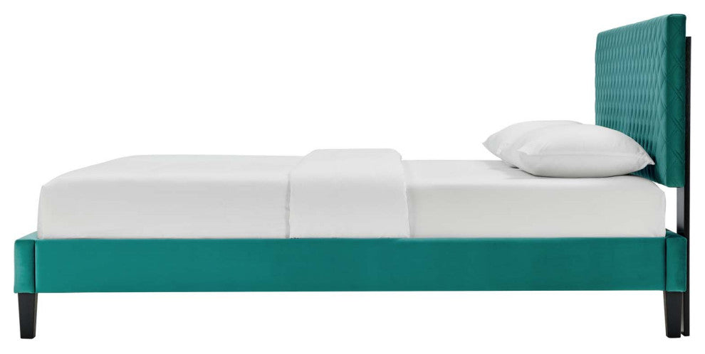 Platform Bed Frame, King Size, Teal Blue, Velvet, Modern, Bedroom Guest Suite