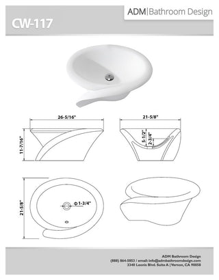 ADM Circular Countertop Vessel Sink, White, 26", Glossy White