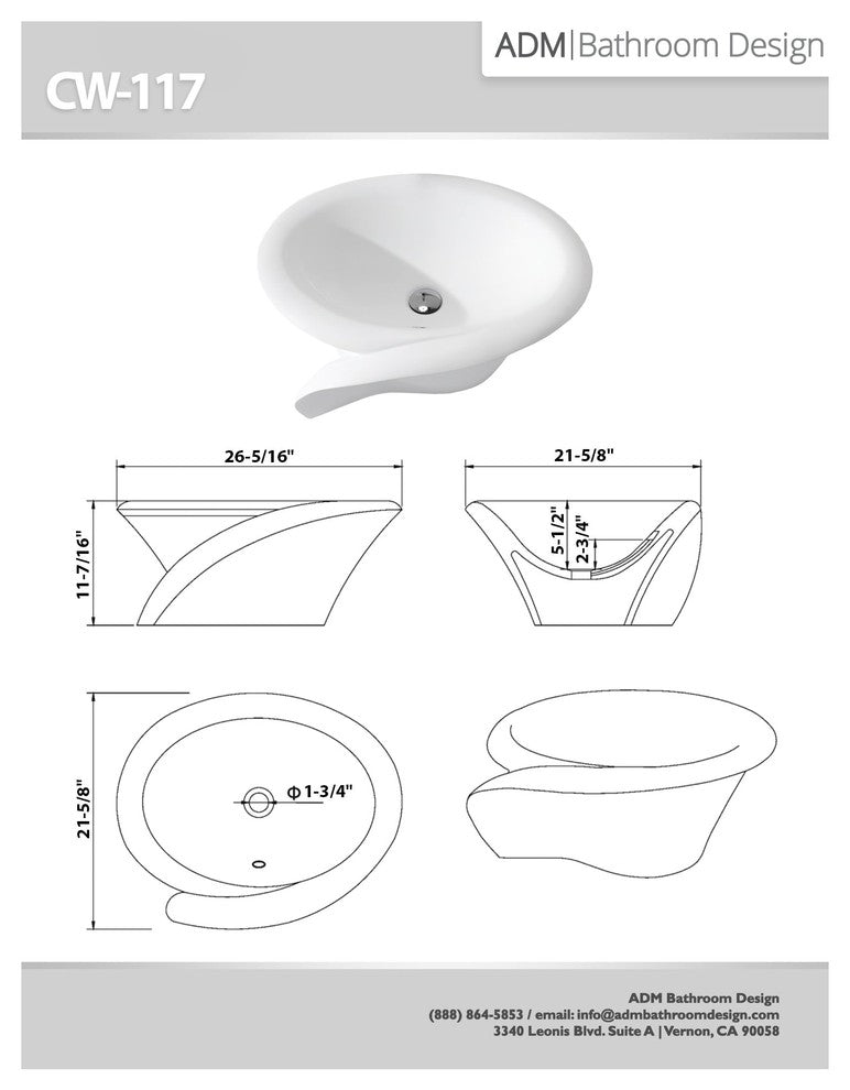 ADM Circular Countertop Vessel Sink, White, 26", Glossy White