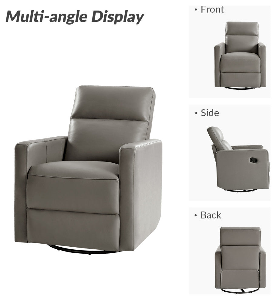 Genuine Leather Swivel Rocker Recliner With Adjustable Headrest, Gray