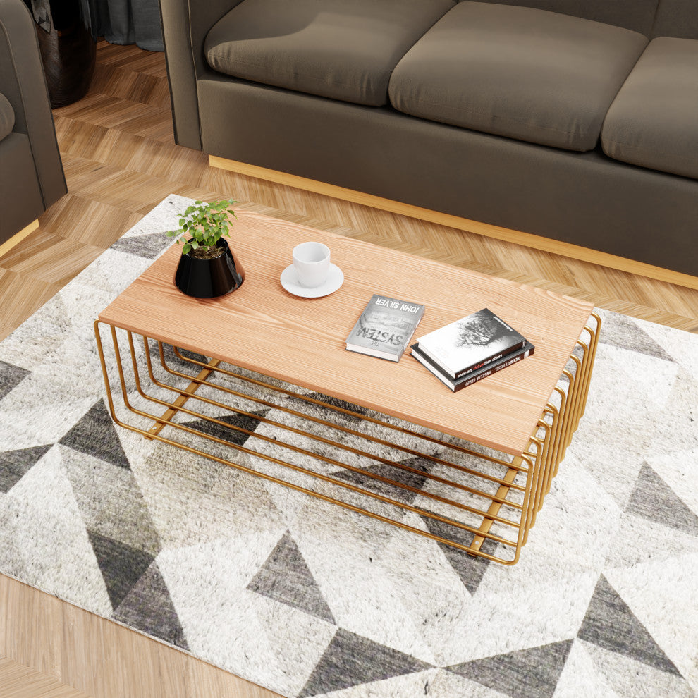 LeisureMod Walden Rectangular Coffee Table Powder Coated Steel Frame, Gold