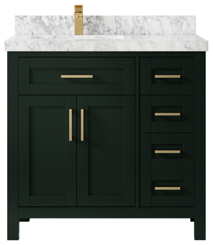Cambridge 36 Left Offset Bath Vanity in Dark Forest Green 2" Carrara Marble