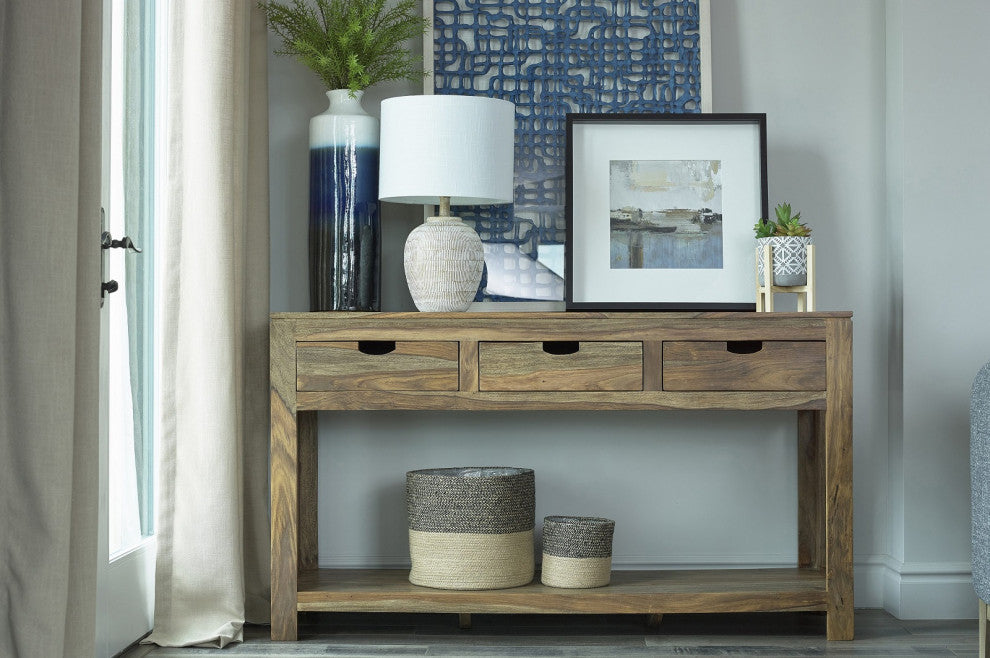3-Drawer Storage Console Table, Natural Sheesham