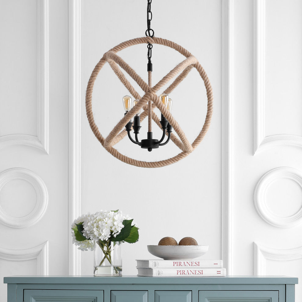 Soka 4-Light 20" Adjustable Rope Globe LED Chandelier, Black and Brown