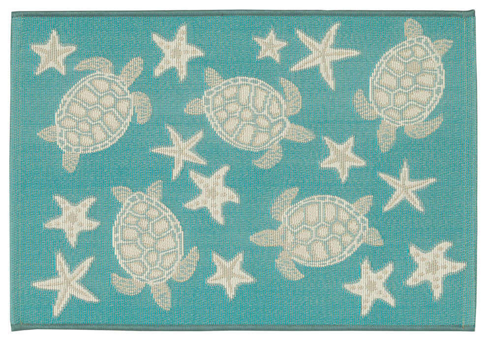 Esencia Turtle And Stars Indoor/Outdoor Mat, Aqua, 2'5" X 3'11"