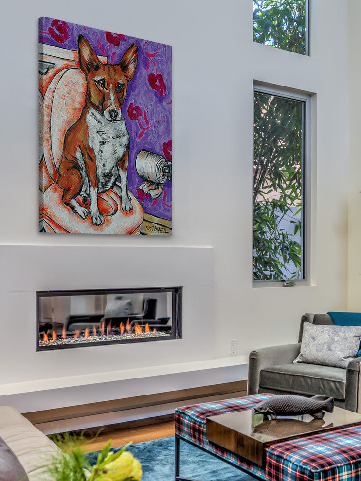 "Basenji Bathroom" Painting Print on Wrapped Canvas, 24"x36"