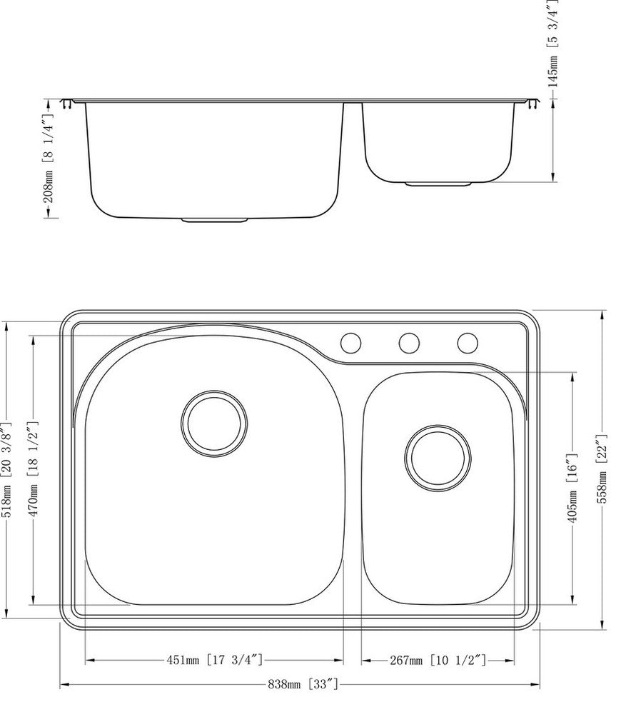 33" Top-mount/Drop-in Stainless Steel 70/30 Double Bowl Kitchen Sink Combo