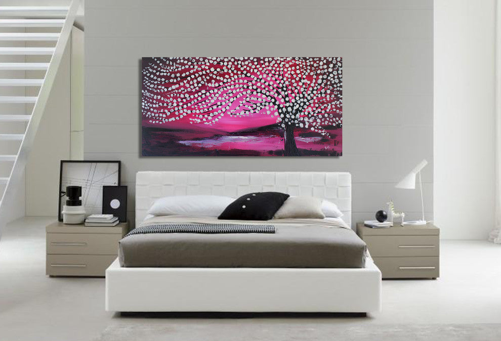 48"x24" Original handmade painting Modern pink landscape art for home decor