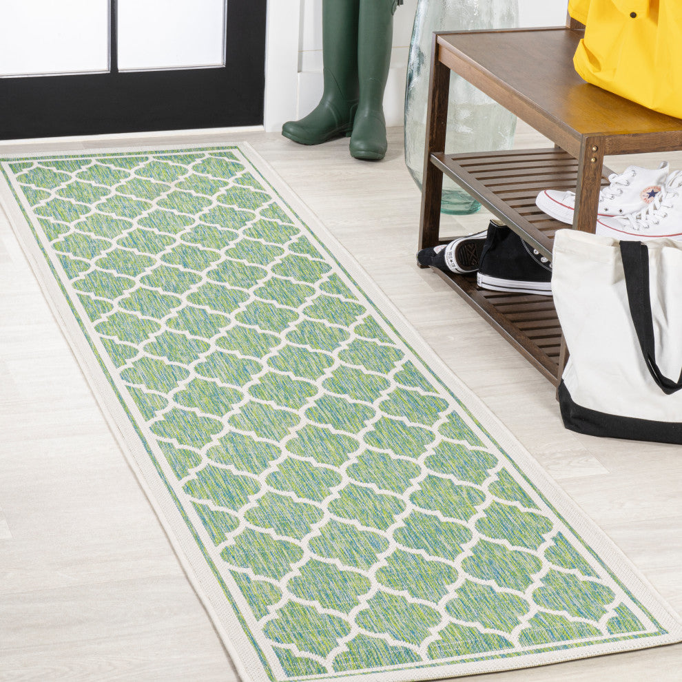Trebol Moroccan Trellis Textured Weave Indoor/Outdoor, Cream/Green, 2 X 8