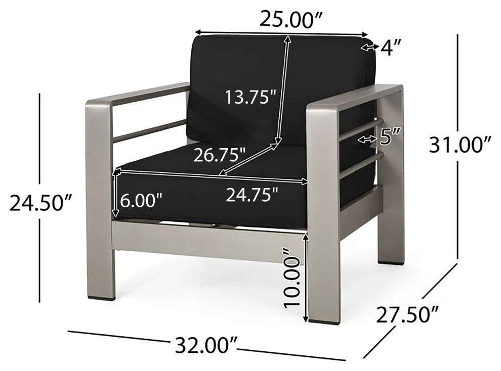 Crested Bay Outdoor Aluminum 5 Seater Chat Set With Sunbrella Cushions, Silver/Black