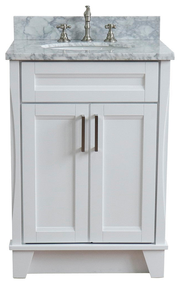 25" Single Sink Vanity, White Finish With White Carrara Marble And Oval Sink