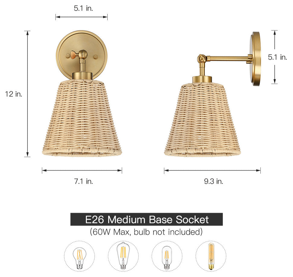 7" W 1-Light Natural Rattan Wall Sconce With Adjustable Swivel Swing Arm, Brass