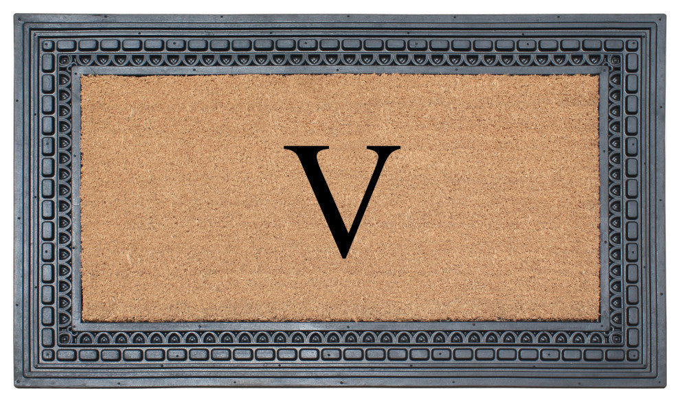 Rubber And Coir, Black/Beige  24"x39" Heavy Duty Outdoor Monogrammed Doormat, V